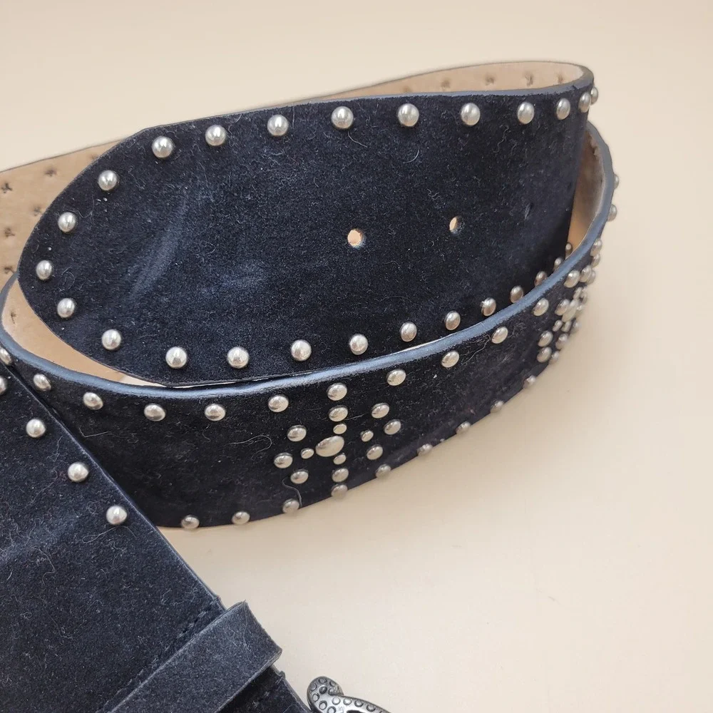 Black Suede Leather Studded Ornate Crescent Moon Floral Buckle Boho Western L